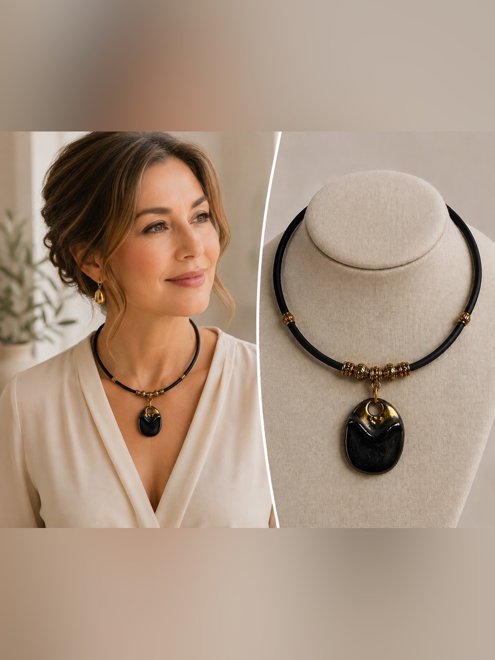 Carlson Signed Black & Gold Clay Pendant Choker Necklace – Adjustable Statement
